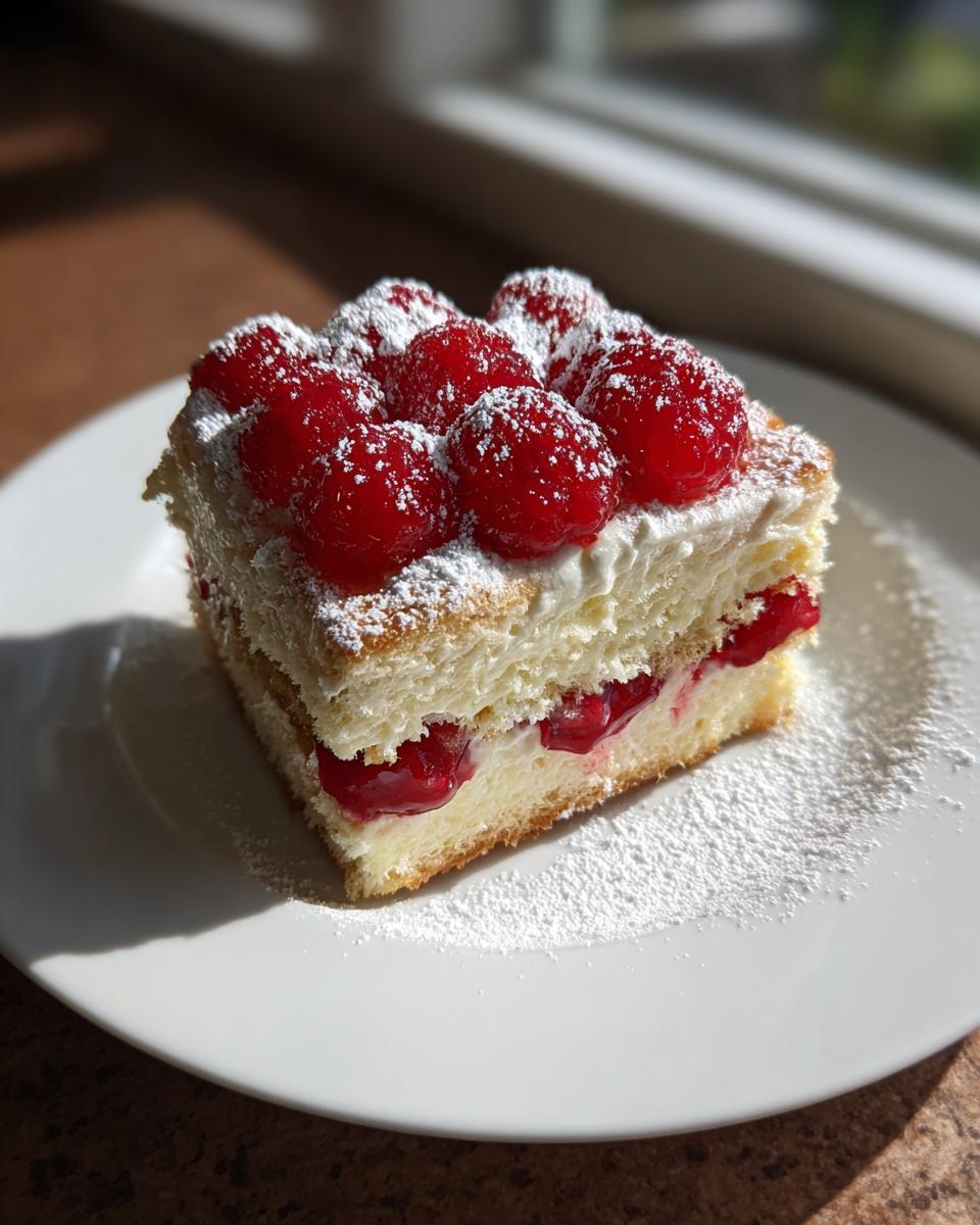 A square slice of raspberry tiramisu layered with cake, cream, and topped with fresh raspberries and powdered sugar.