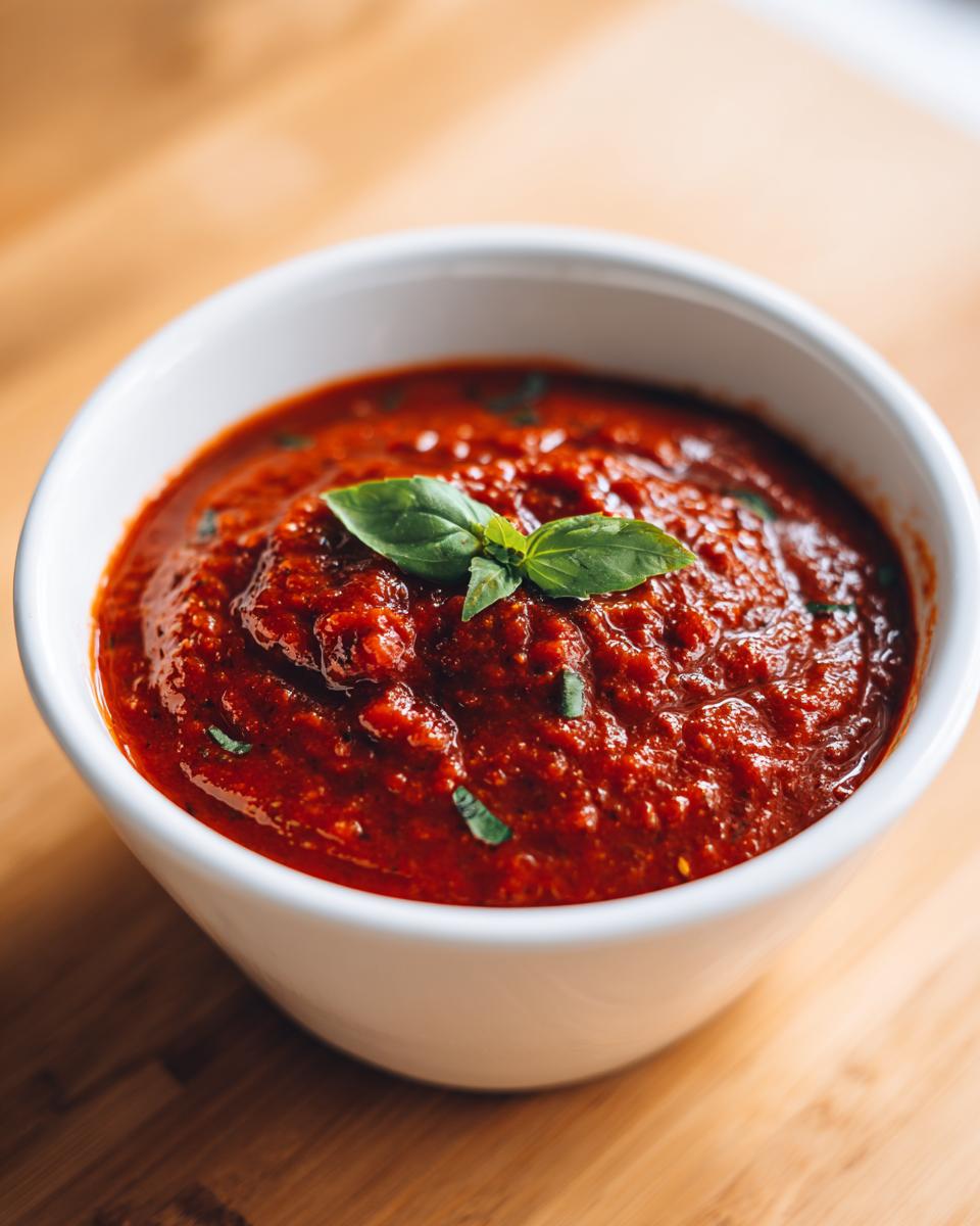 Close-up of rich, chunky Rao's marinara sauce garnished with fresh basil leaves in a white bowl.