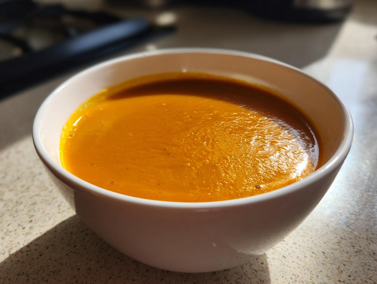A close-up, sunlit shot of rich, creamy orange squash soup served in a white bowl.