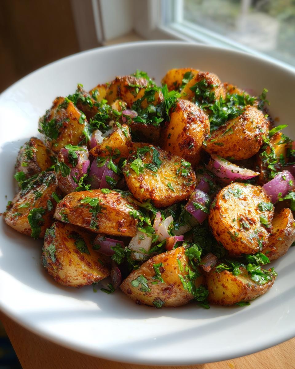 A close-up of a white bowl filled with seasoned roasted potato salad mixed with red onion and fresh parsley.