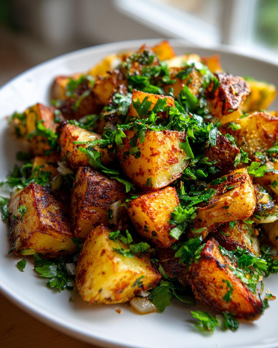 Close-up of crispy, golden roasted potato salad chunks generously topped with fresh chopped parsley.