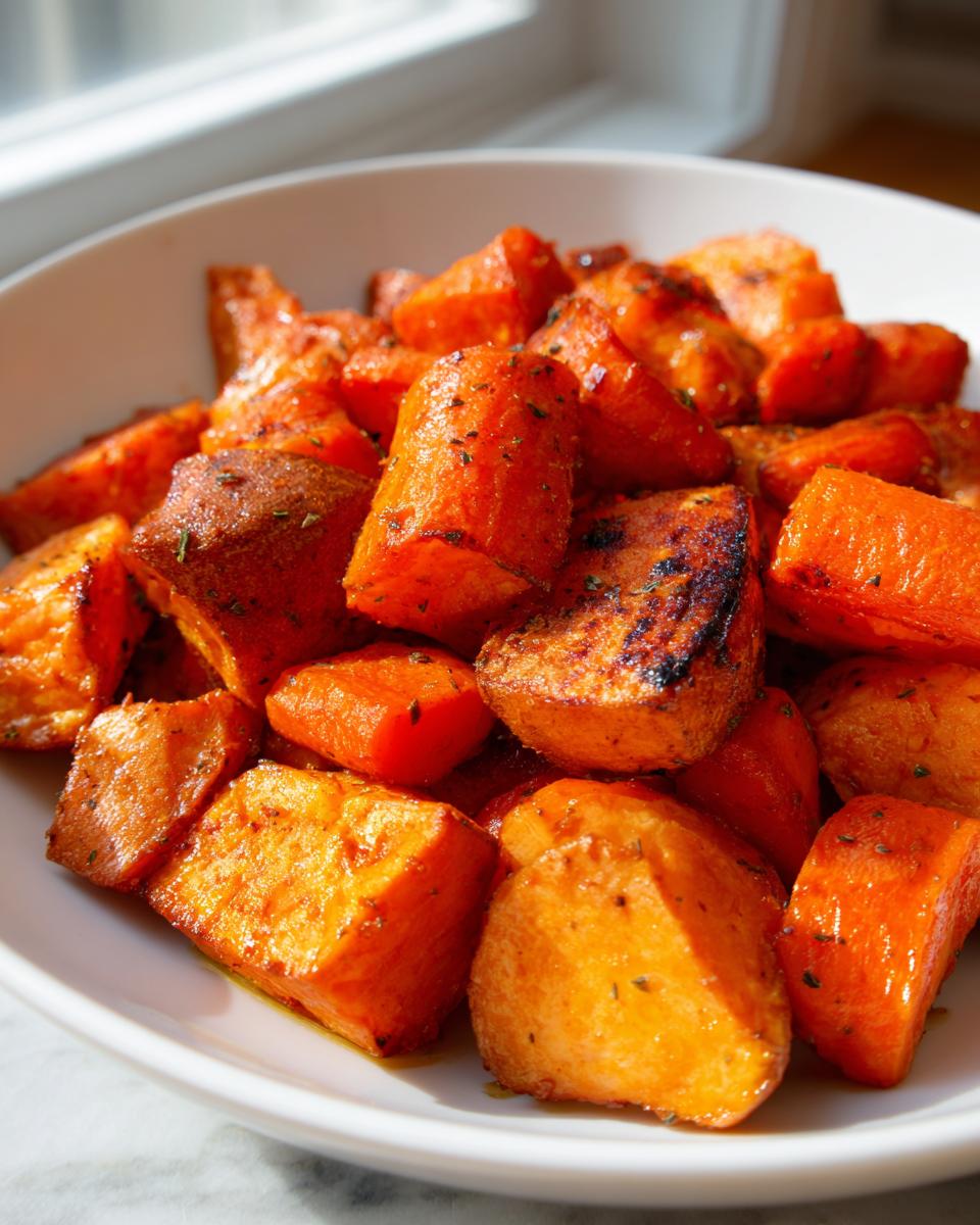 Close-up of perfectly caramelized roasted sweet potatoes and carrots seasoned with herbs.