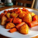 Close-up of glistening, seasoned roasted sweet potatoes and carrots on a white plate.