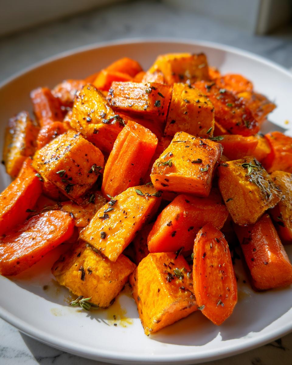A close-up of perfectly caramelized roasted sweet potatoes and carrots seasoned with herbs.