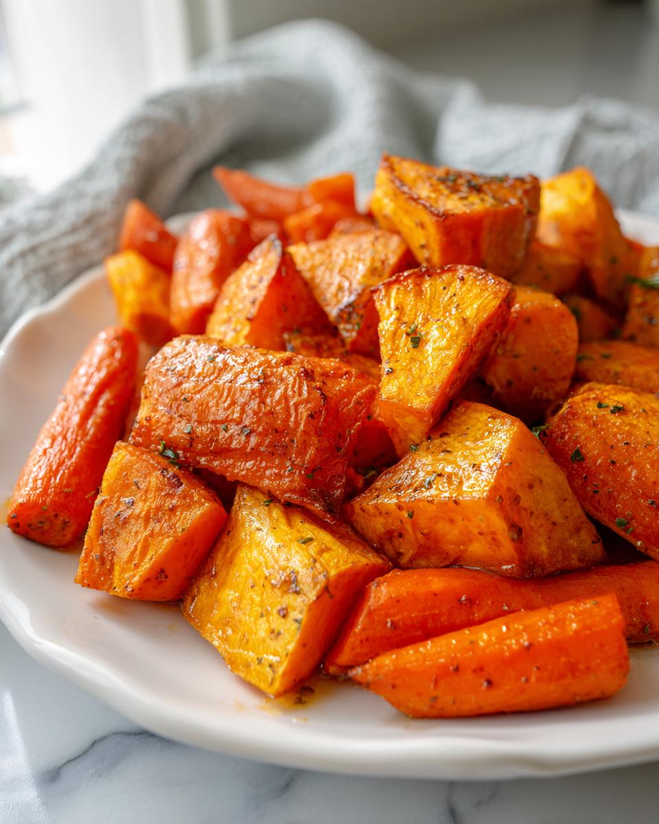 Close-up of glistening, perfectly roasted sweet potatoes and carrots seasoned with herbs on a white plate.