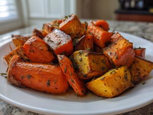 Close-up of glossy, caramelized roasted sweet potatoes and carrots seasoned with herbs on a white plate.