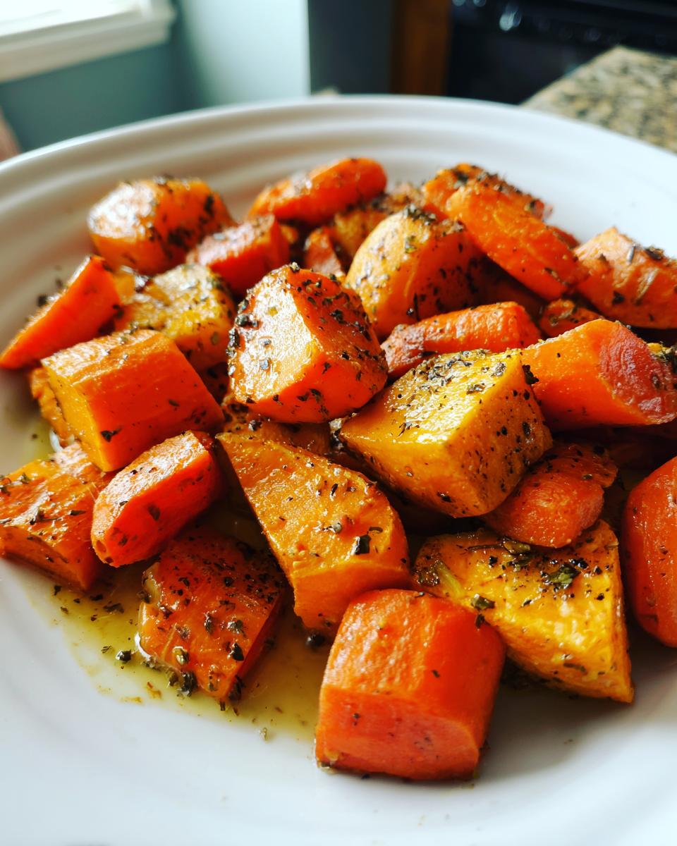 Close-up of perfectly seasoned roasted sweet potatoes and carrots glistening with oil and herbs.