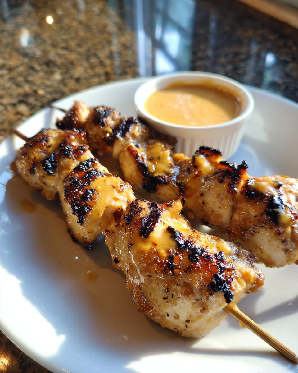 Two grilled sailor bailey bang bang chicken skewers served on a white plate next to a small cup of dipping sauce.