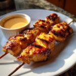 Close-up of two grilled sailor bailey bang bang chicken skewers served on a white plate with a side of dipping sauce.