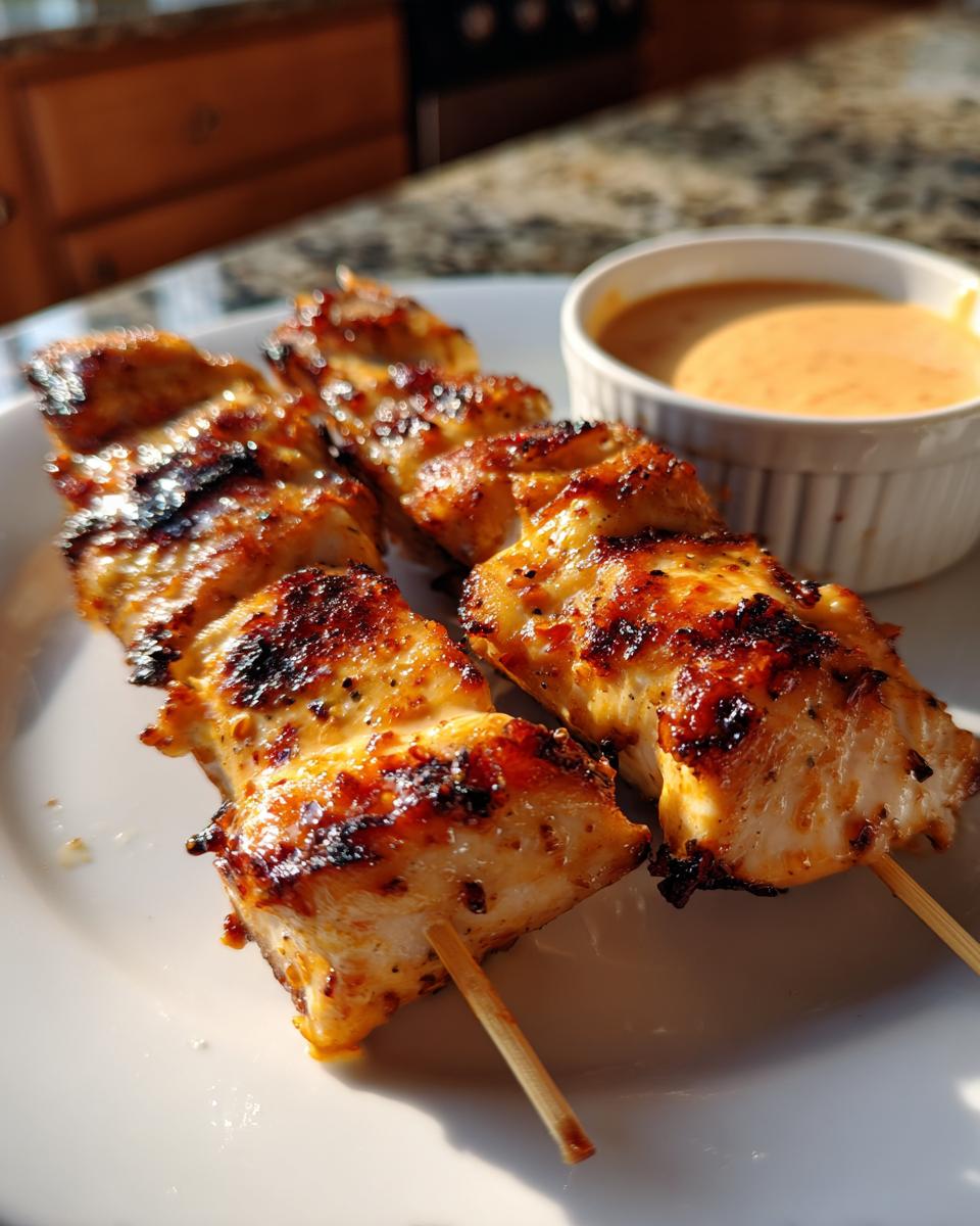 Close-up of two grilled sailor bailey bang bang chicken skewers served with a side of creamy dipping sauce.