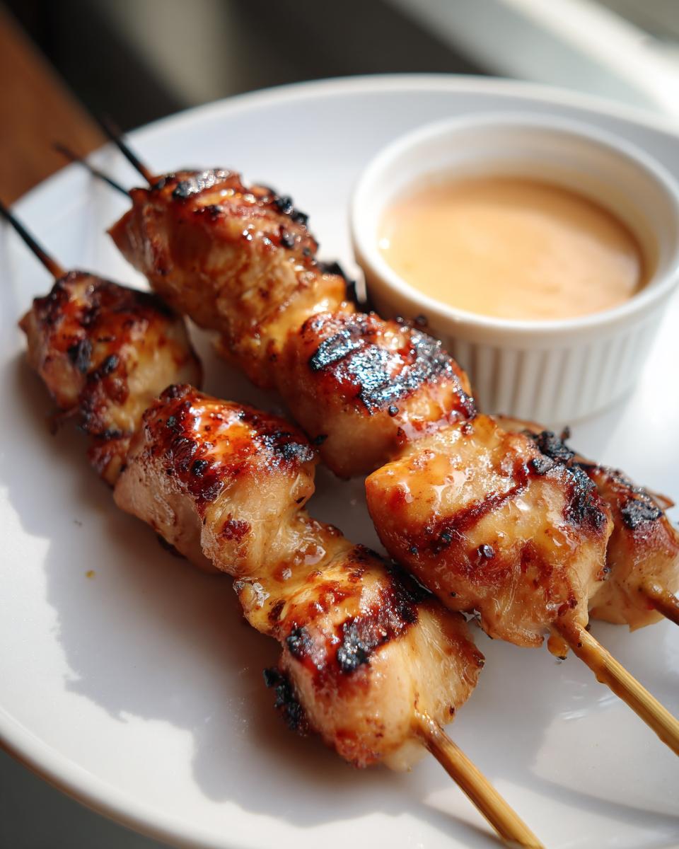 Close-up of grilled sailor bailey bang bang chicken skewers served with a side of creamy dipping sauce.