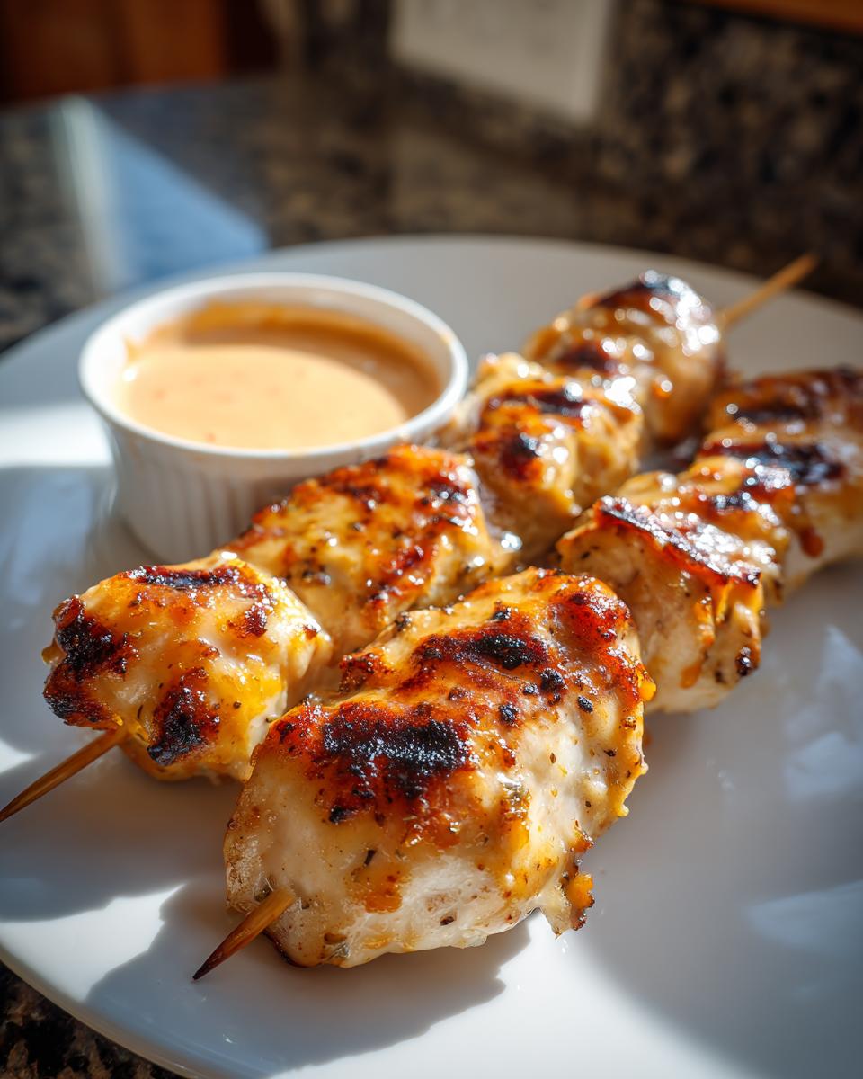 Close-up of grilled sailor bailey bang bang chicken skewers served with a side of creamy dipping sauce on a white plate.