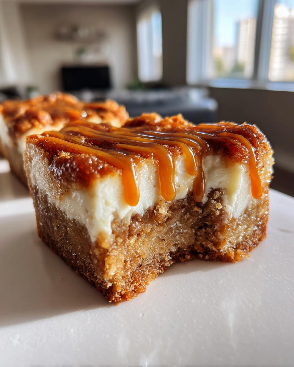 Close-up of a bite taken out of a salted caramel apple cheesecake bars square, showing the layers and caramel drizzle.