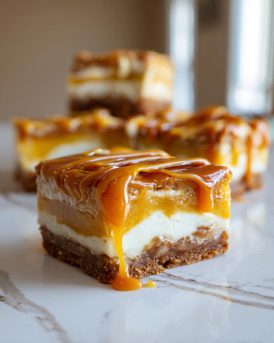 A decadent square of salted caramel apple cheesecake bars with thick layers and rich caramel sauce dripping down the side.