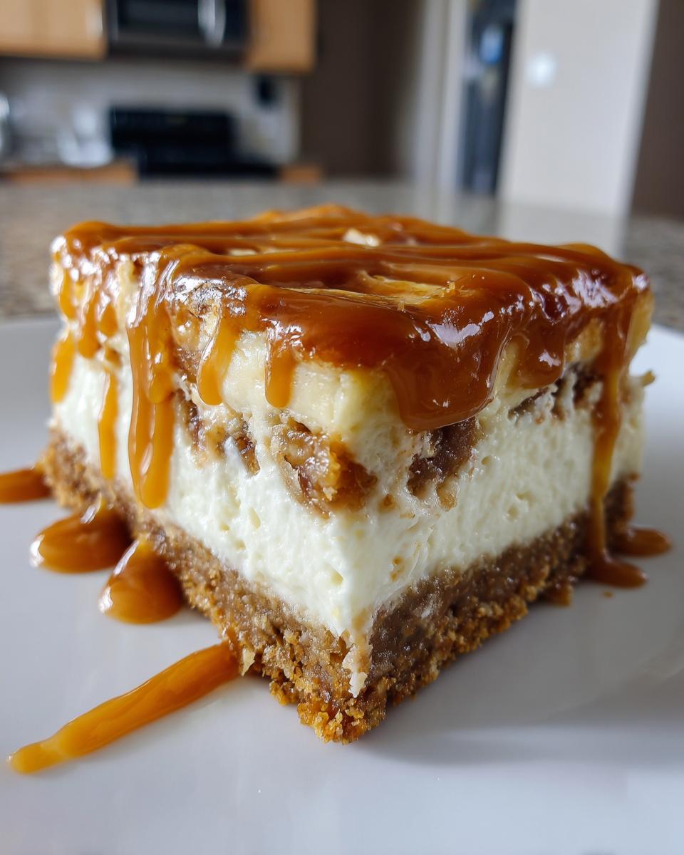 A close-up of a thick slice of salted caramel apple cheesecake bars with a graham cracker crust and caramel drizzle.