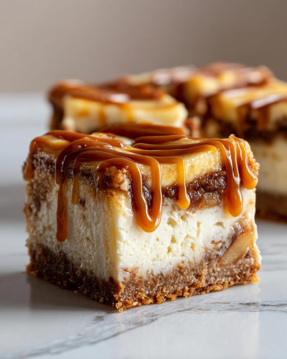 A thick, layered slice of salted caramel apple cheesecake bars topped with rich caramel drizzle.