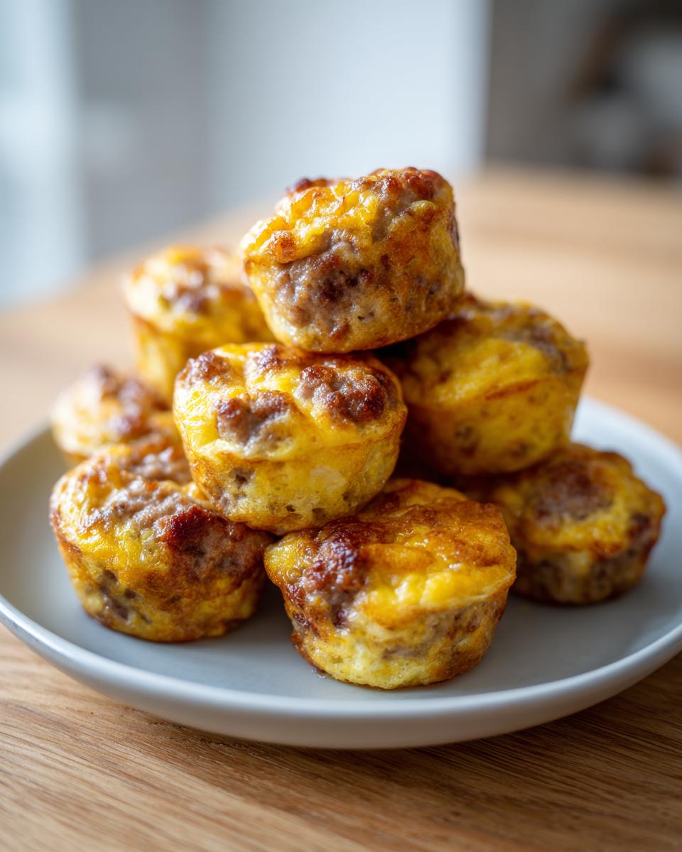 A stack of freshly baked, golden brown sausage egg bites piled high on a light gray plate.