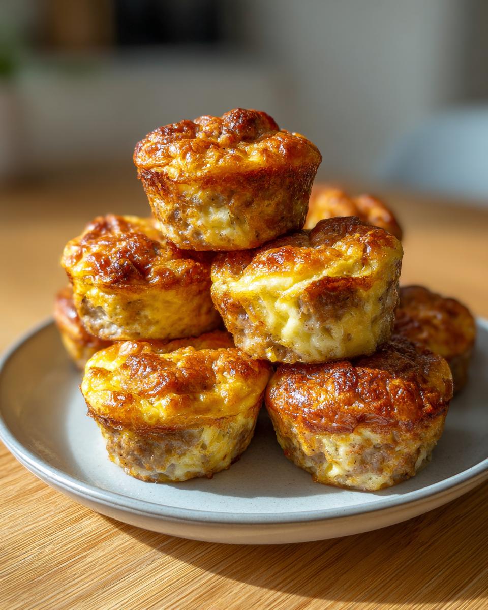 A stack of freshly baked, golden brown sausage egg bites piled high on a light gray plate.