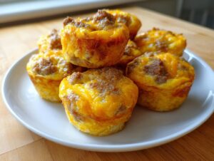 A stack of freshly baked sausage egg bites with melted cheese topping served on a white plate.