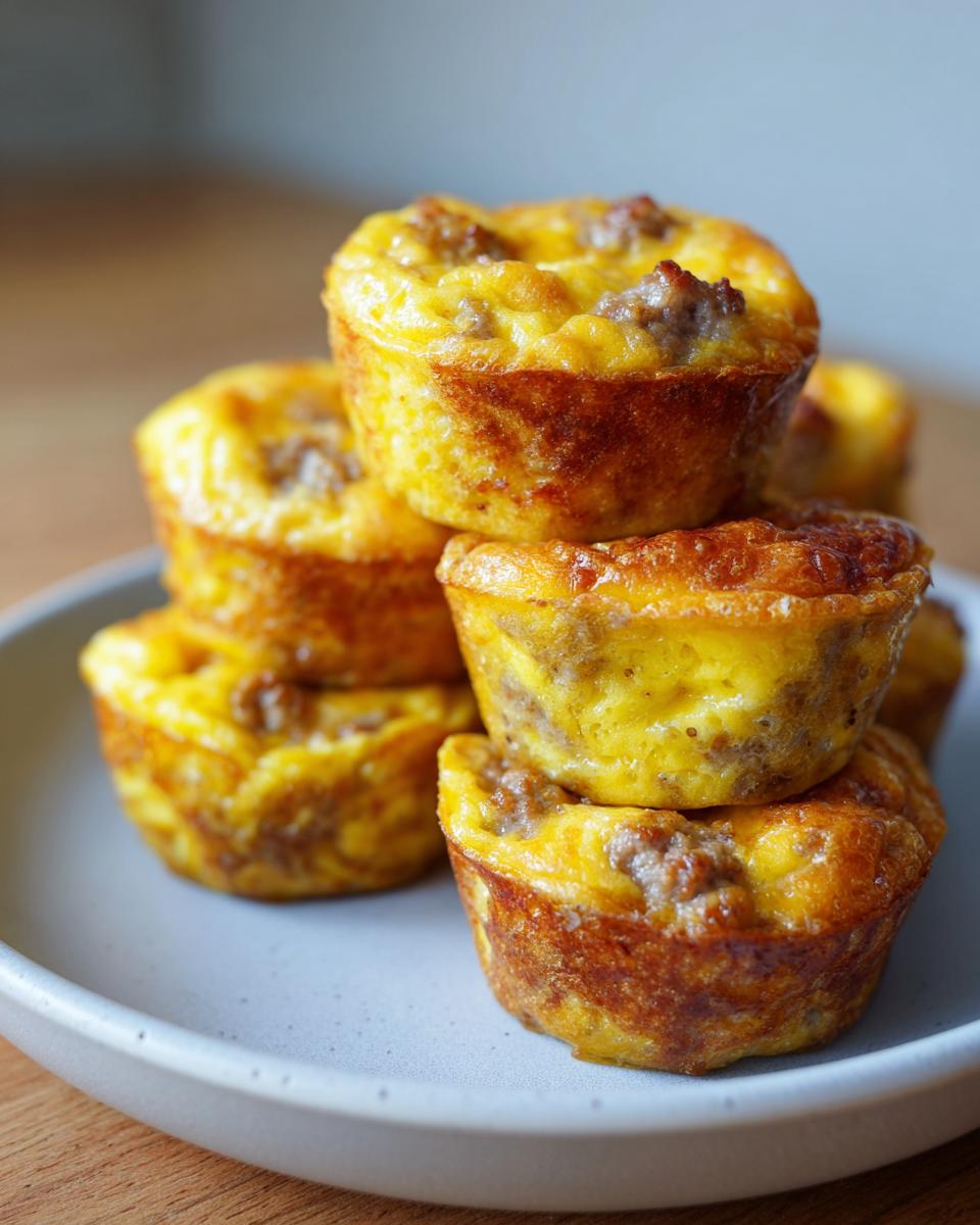 A stack of golden brown sausage egg bites, baked in muffin tins, resting on a light gray plate.
