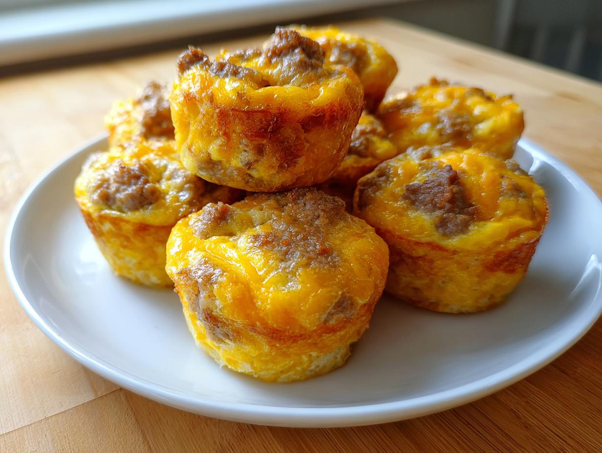 A stack of freshly baked sausage egg bites with melted cheese topping served on a white plate.