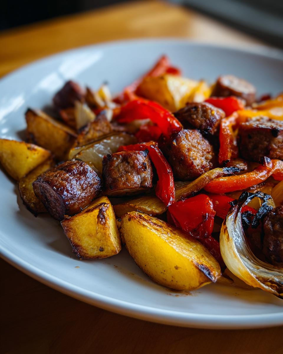 Close-up of a plate filled with roasted sausage peppers onions and potatoes, perfectly browned.