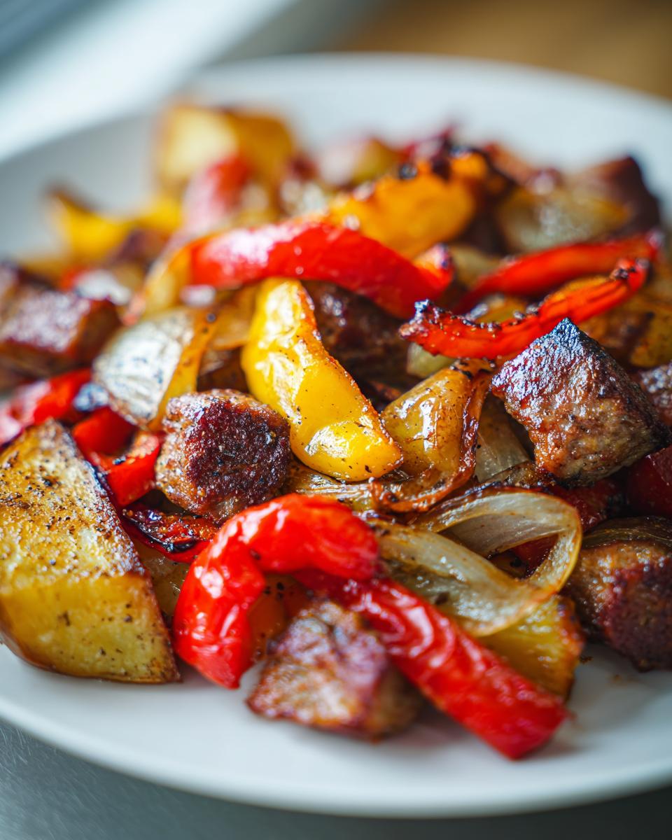 Close-up of a white plate filled with pan-fried sausage peppers onions and potatoes, showing caramelized edges.