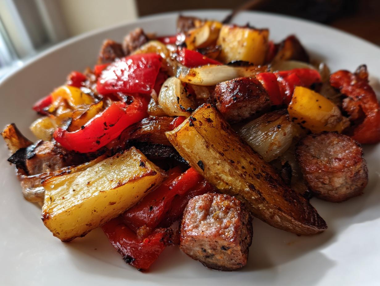A close-up of roasted sausage peppers onions and potatoes mixture served on a white plate.