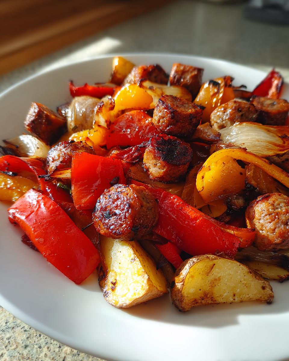 Close-up of a white bowl filled with roasted sausage peppers onions and potatoes, nicely browned.