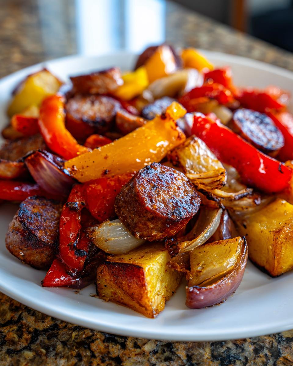 Close-up of a white plate filled with browned sausage peppers onions and potatoes.