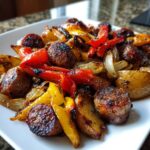 A close-up of roasted sausage peppers onions and potatoes served on a white plate.