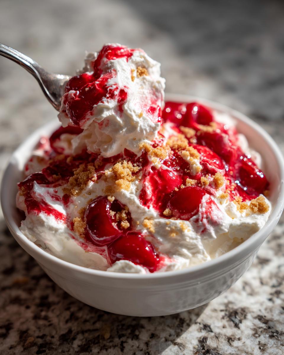 A spoonful of creamy cherry cheesecake fluff topped with bright red cherry sauce and graham cracker crumbs.