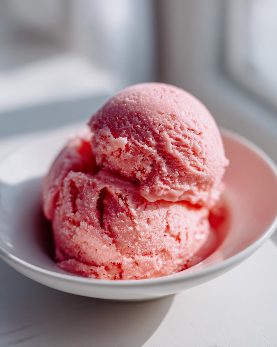 Two scoops of bright pink, icy 2-ingredient summer sherbet served in a small white bowl.