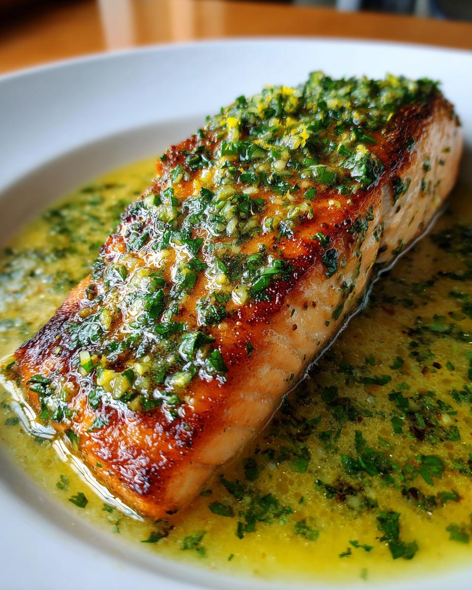 Close-up of a perfectly seared salmon fillet covered in lemon garlic butter sauce, ideal for a keto lemon garlic butter dinner.