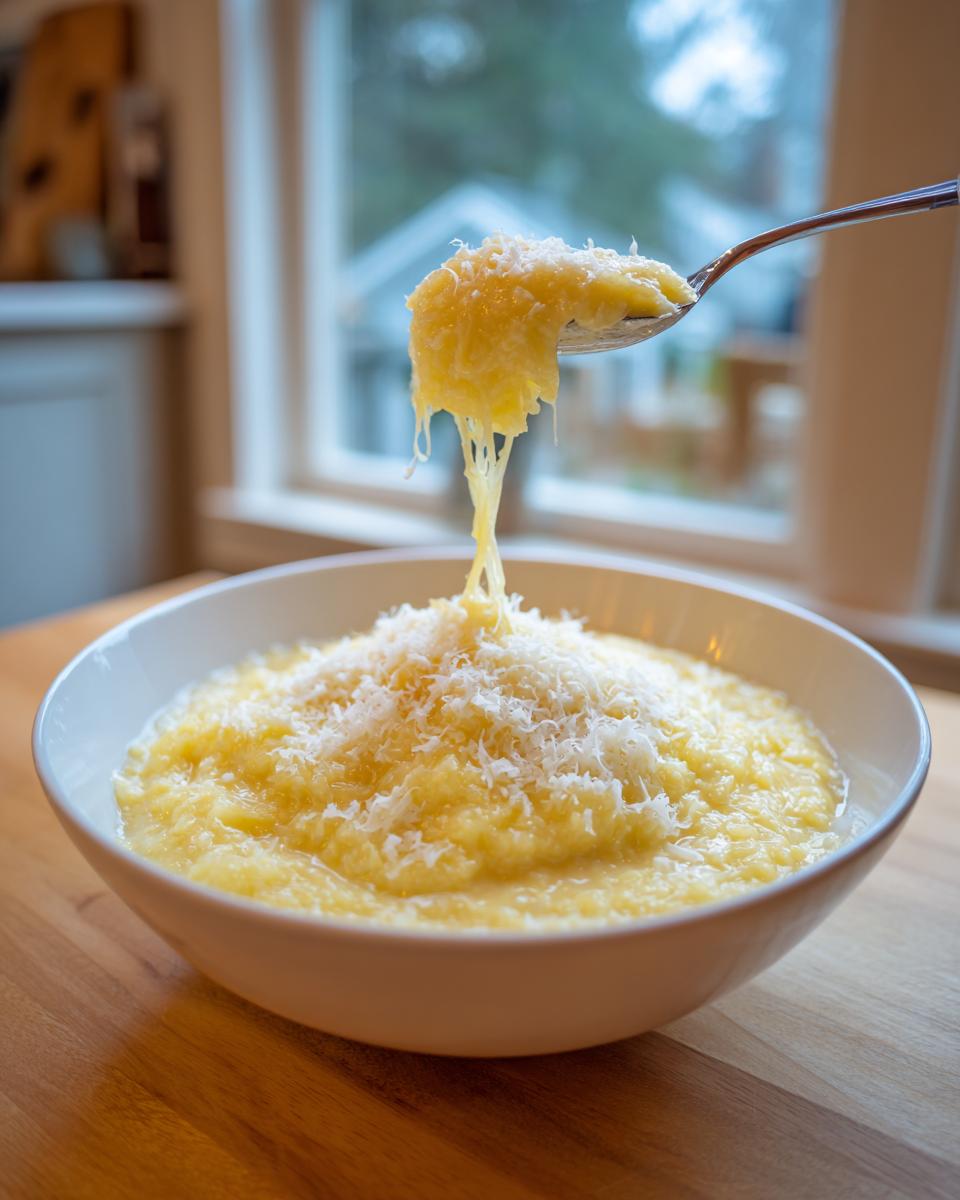 A spoonful of creamy spaghetti squash soup being lifted from a bowl, topped generously with shredded Parmesan cheese.