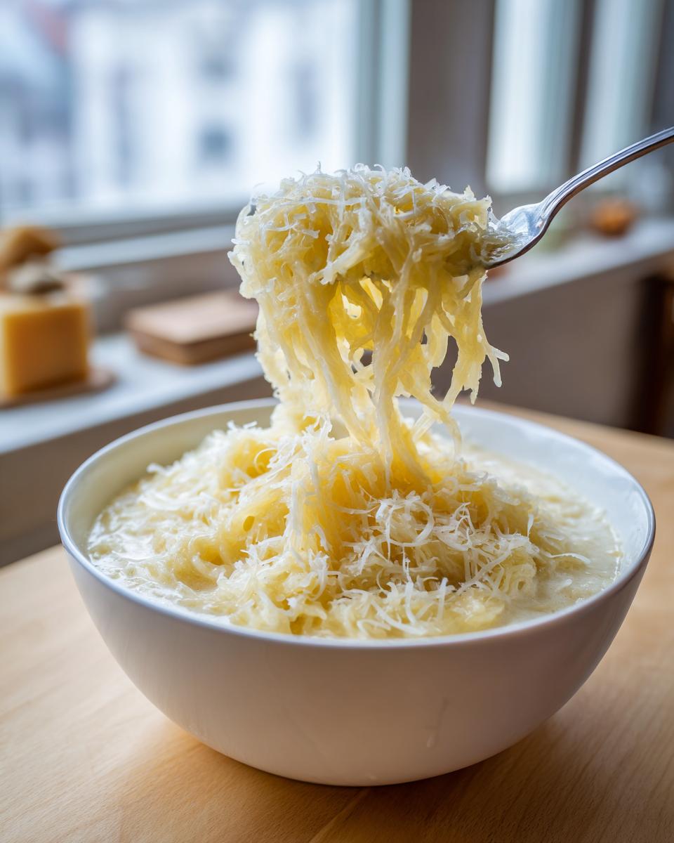 A fork lifts strands of spaghetti squash soup topped with grated cheese from a white bowl.