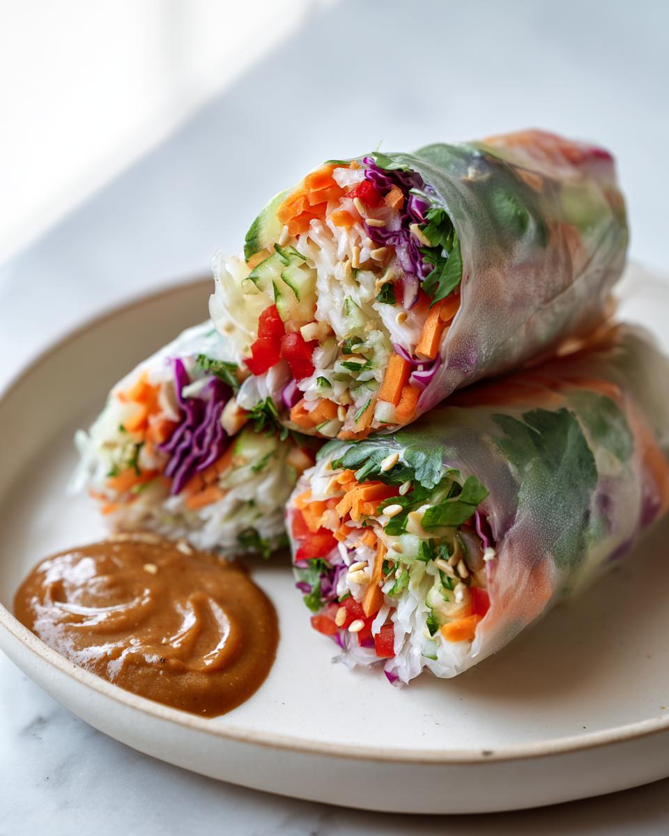 Three fresh sesame veggie spring rolls stacked on a plate next to a dollop of peanut dipping sauce.