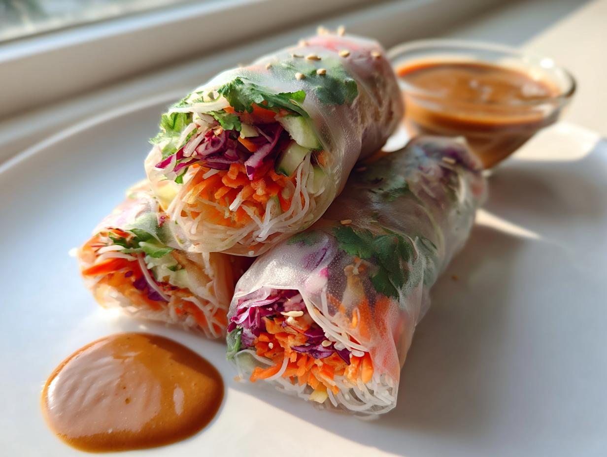 Three fresh sesame veggie spring rolls filled with colorful vegetables, served with peanut dipping sauce.