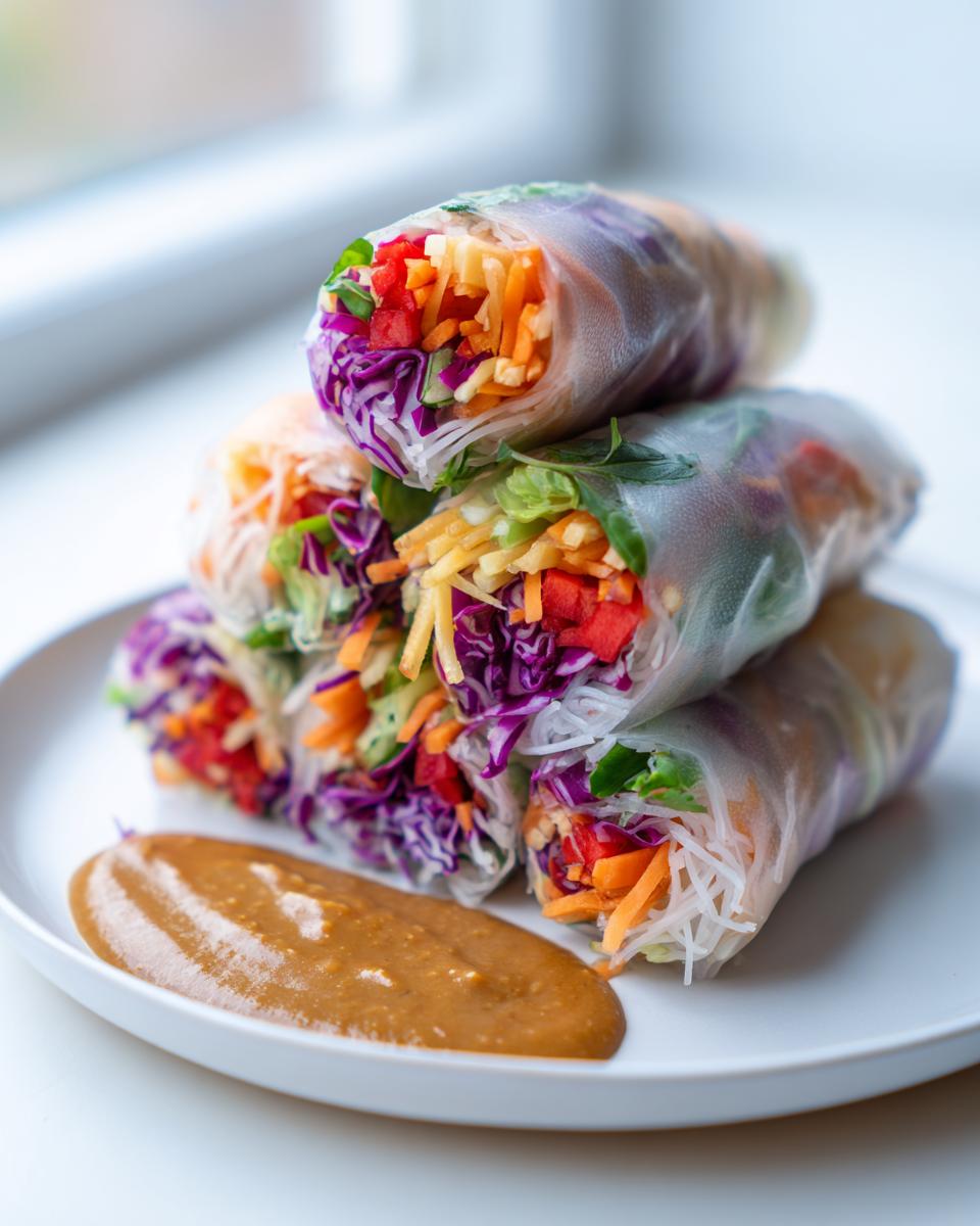 A stack of fresh sesame veggie spring rolls filled with colorful vegetables, served on a white plate with peanut dipping sauce.