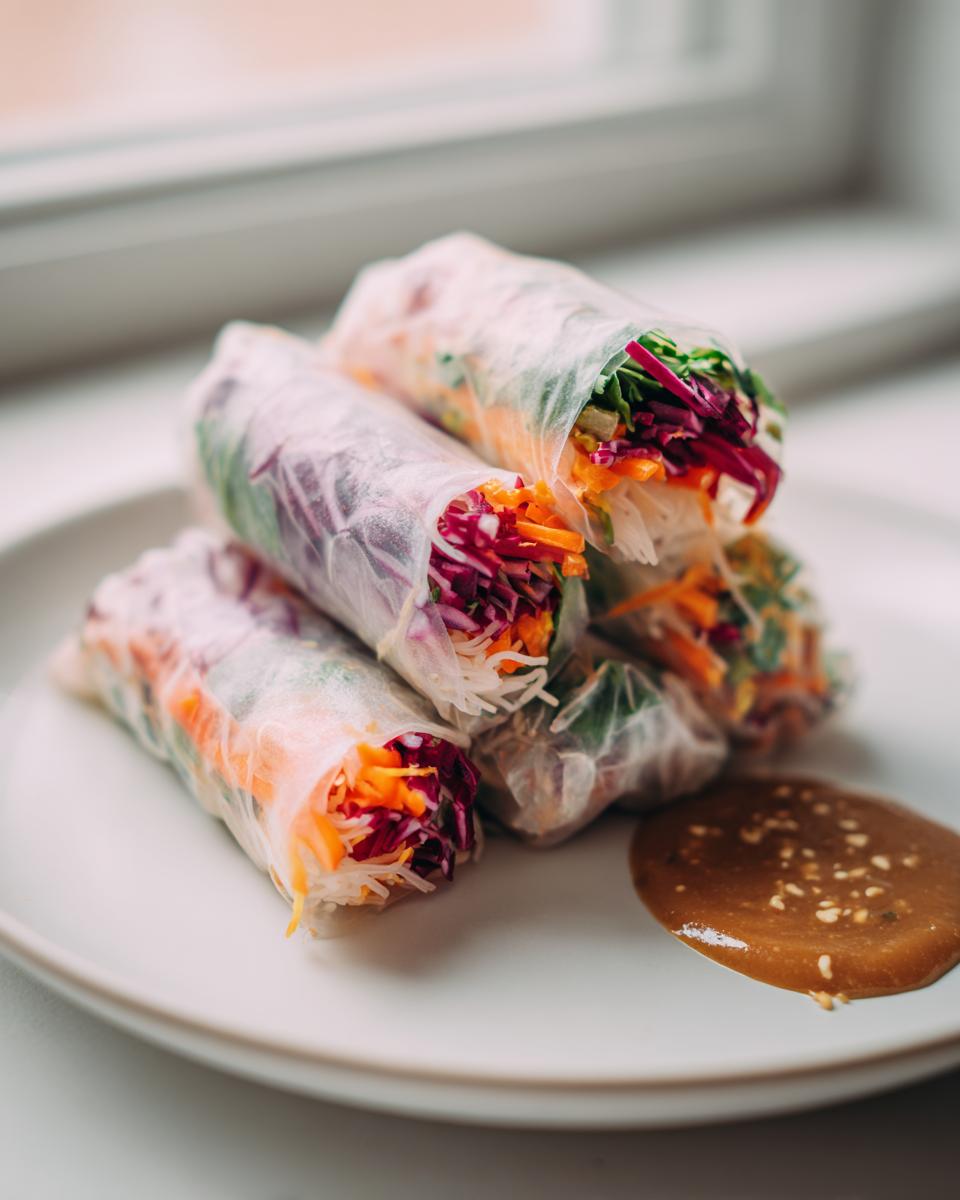 A stack of fresh sesame veggie spring rolls filled with colorful shredded vegetables, served with peanut dipping sauce.