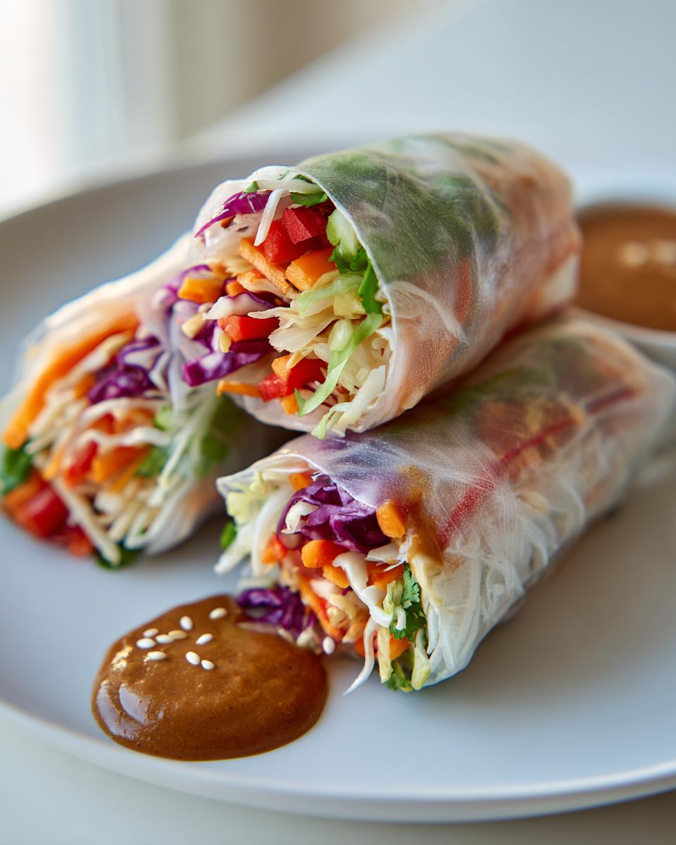 Two fresh sesame veggie spring rolls filled with colorful vegetables, served with a side of peanut dipping sauce.