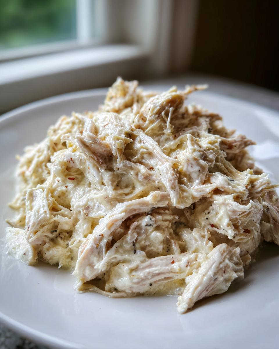 Close-up of creamy, shredded crockpot olive garden chicken piled high on a white plate.
