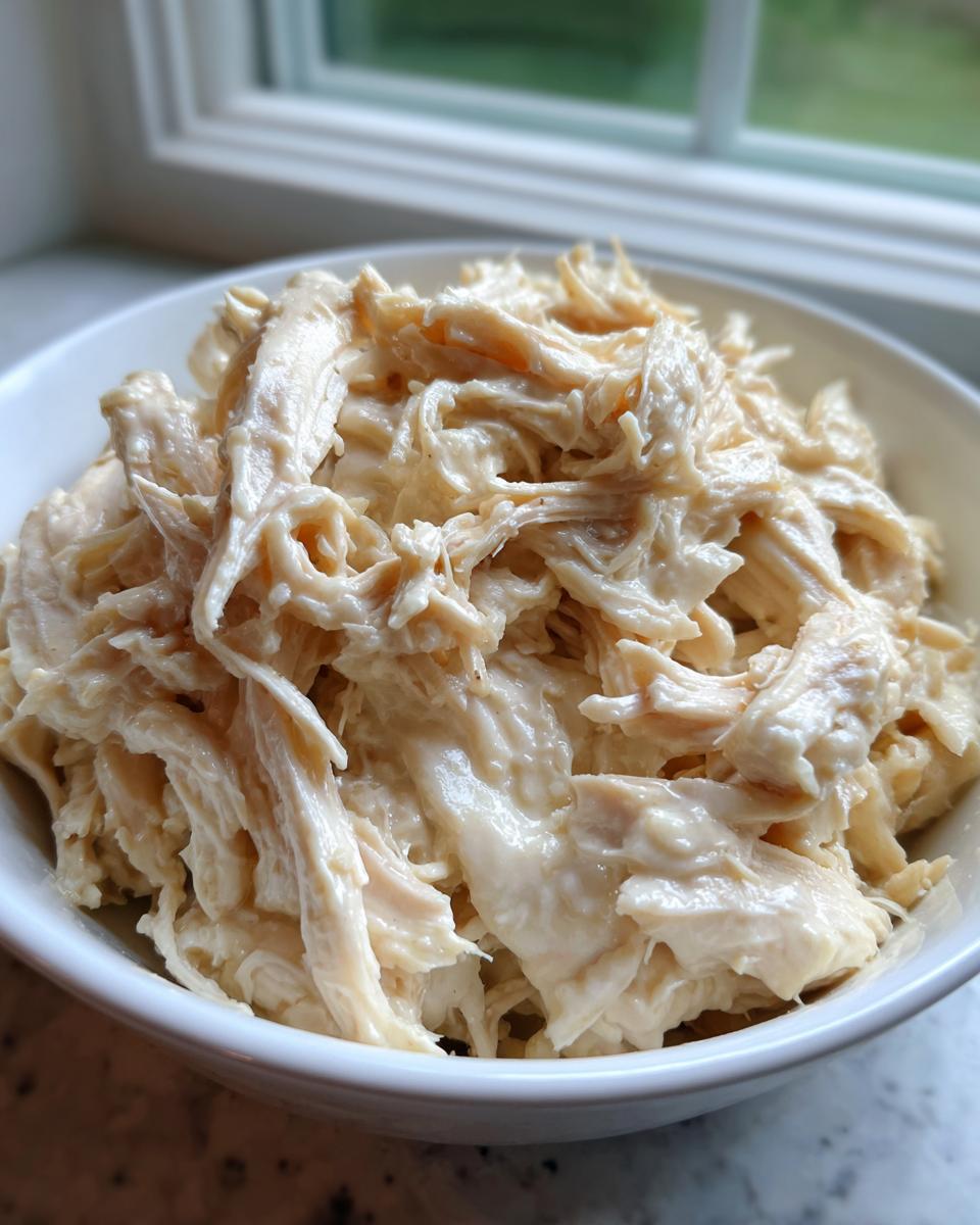 Close-up of creamy, shredded crockpot olive garden chicken served in a white bowl.