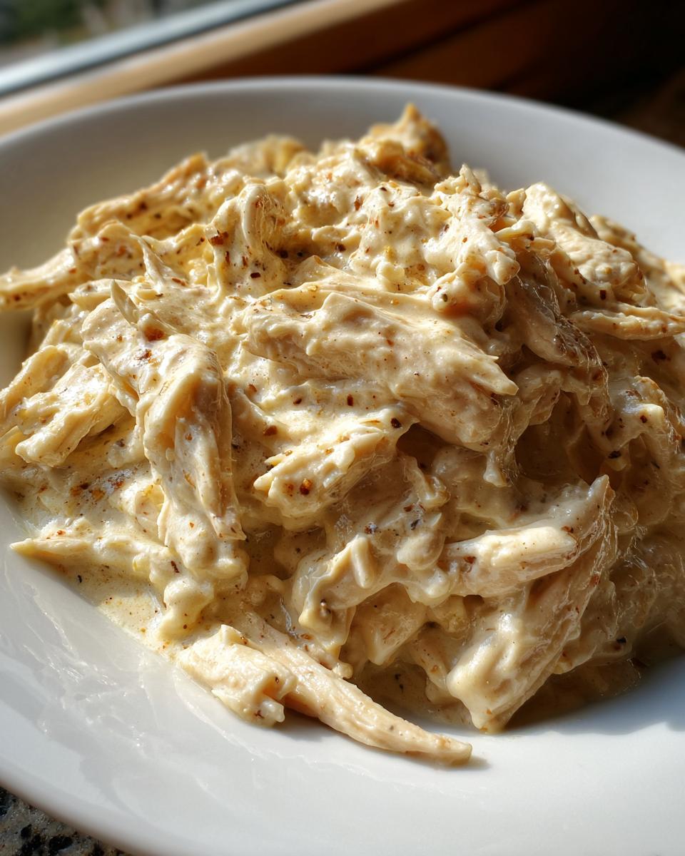 Close-up of shredded chicken coated in a creamy, seasoned sauce, representing crockpot olive garden chicken.