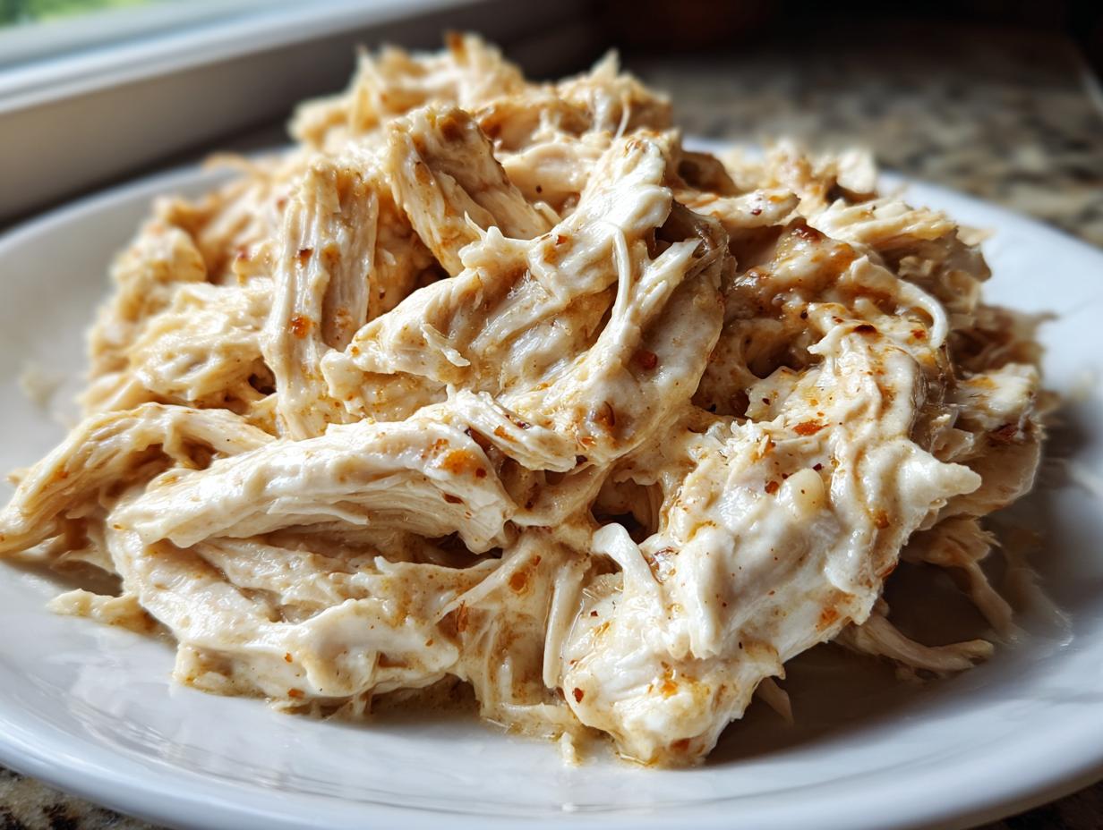 Close-up of creamy, shredded crockpot olive garden chicken piled high on a white plate.