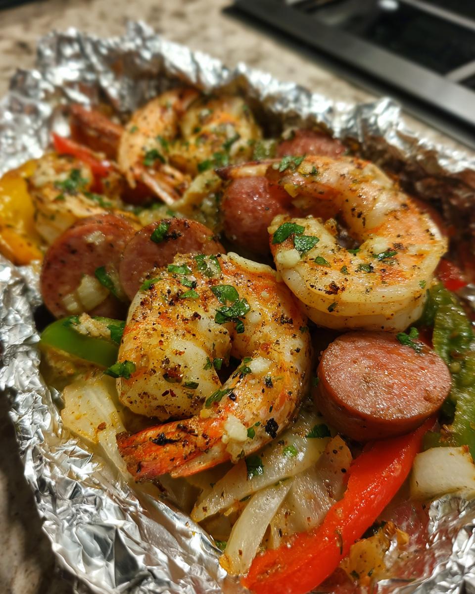 Close-up of seasoned shrimp and sliced sausage cooked in shrimp and sausage foil packs with peppers and onions.
