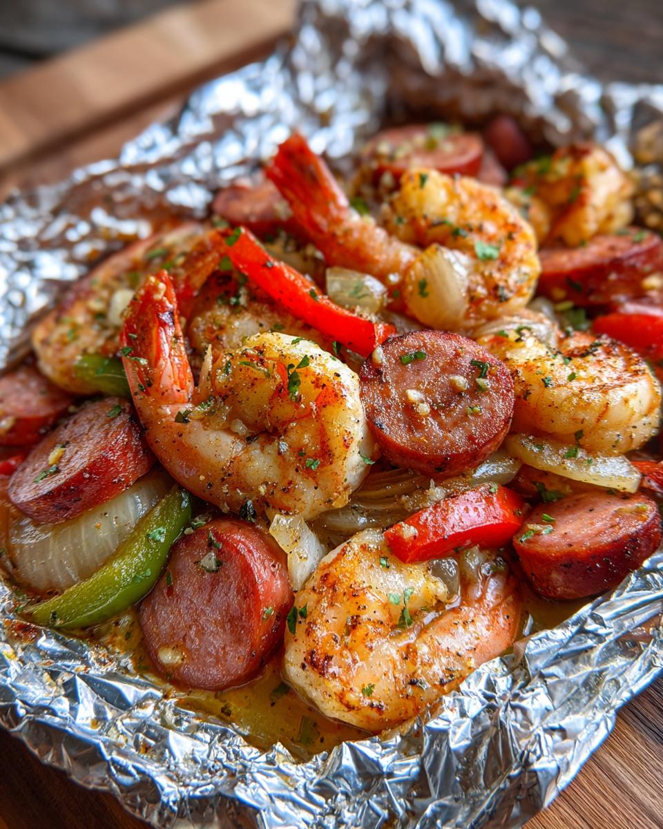 Close-up of cooked shrimp and sliced sausage with onions and peppers in a foil packet, ready to eat shrimp and sausage foil packs.