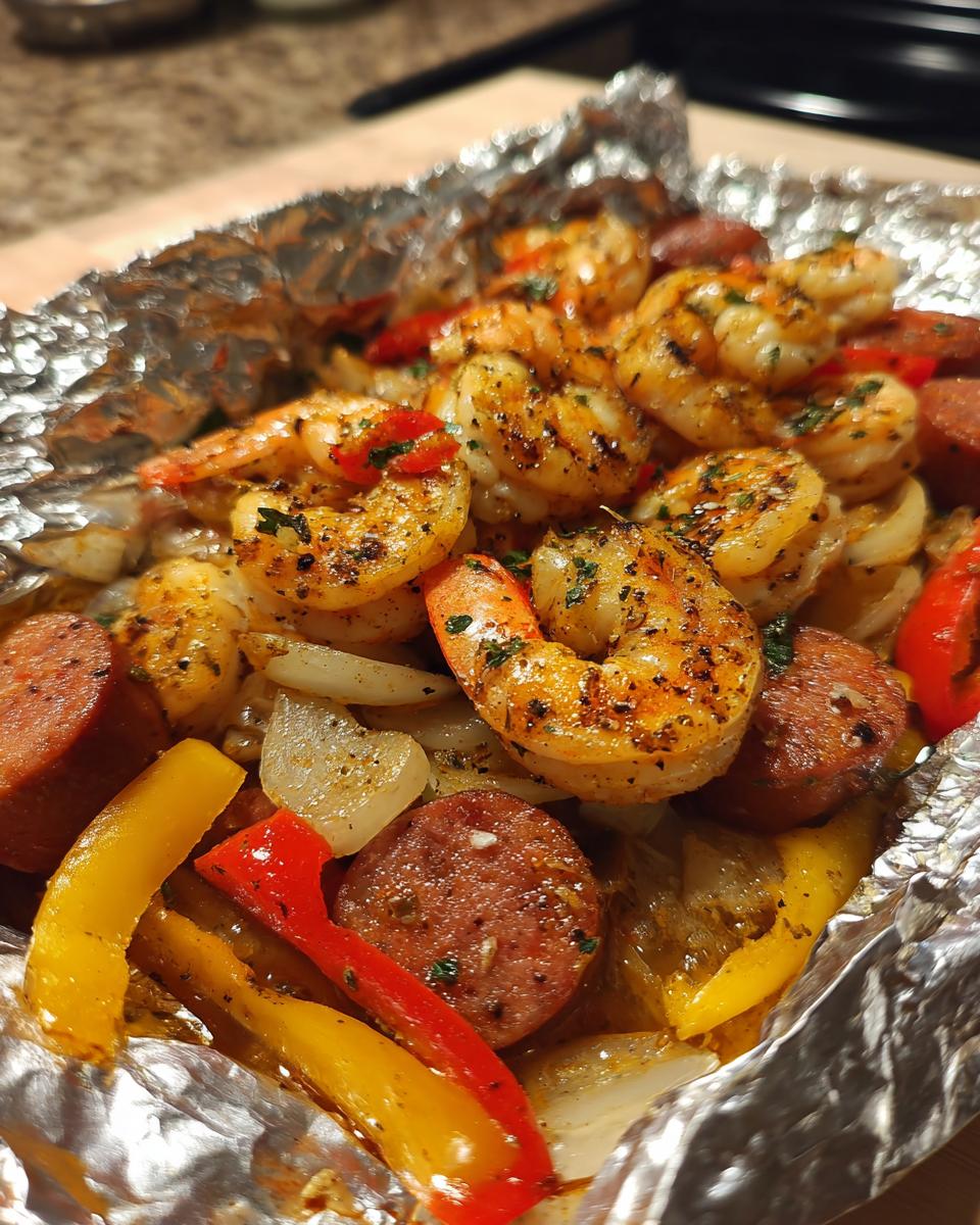 Close-up of cooked shrimp and sliced sausage with peppers and onions in shrimp and sausage foil packs.