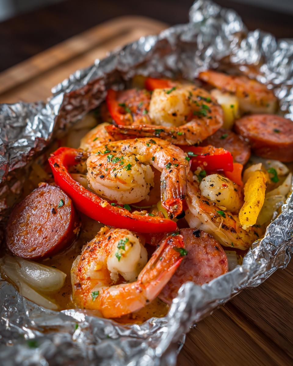 Close-up of cooked shrimp and sliced sausage in a foil packet, mixed with red peppers, seasoned and ready to eat in shrimp and sausage foil packs.