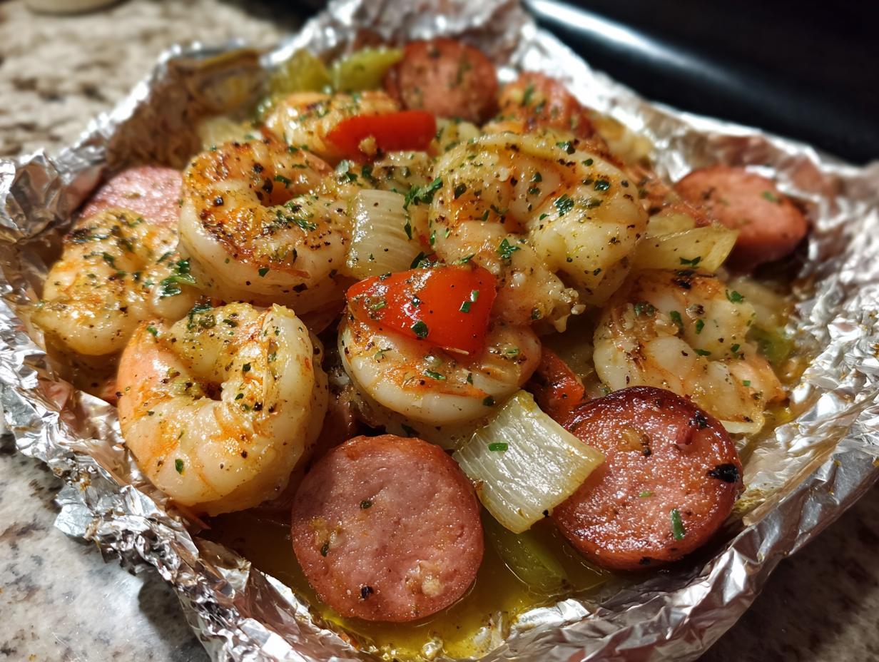 Close-up of cooked shrimp and sliced sausage in a foil pack, seasoned with herbs.